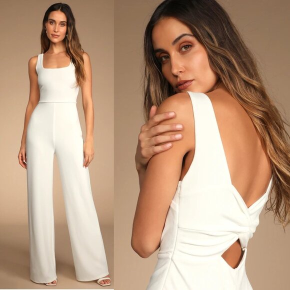 Lulu's Pants - Lulus Positive Twist White Sleeveless Twist-Back Wide-Leg Jumpsuit Bridal Romper